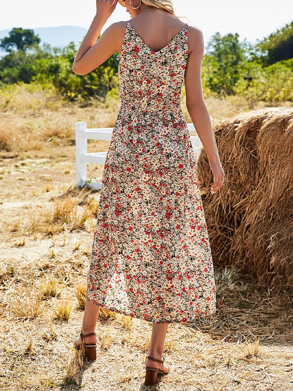 Slit Hem V-neck Strap Floral Print Dress