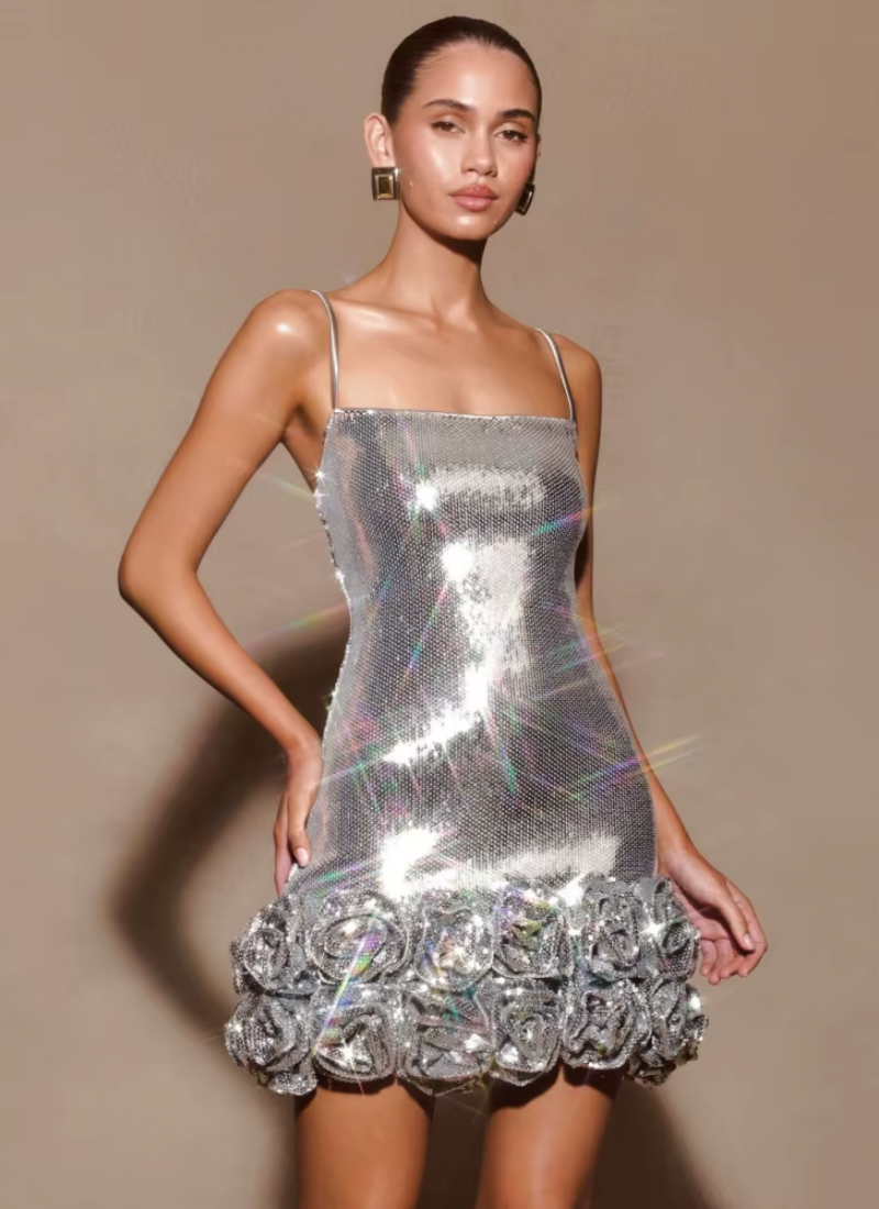 Sliver Sparkle Sequins Sleeveless Spaghetti Strap Shiny Sequin Mini Floral Slim Dresses