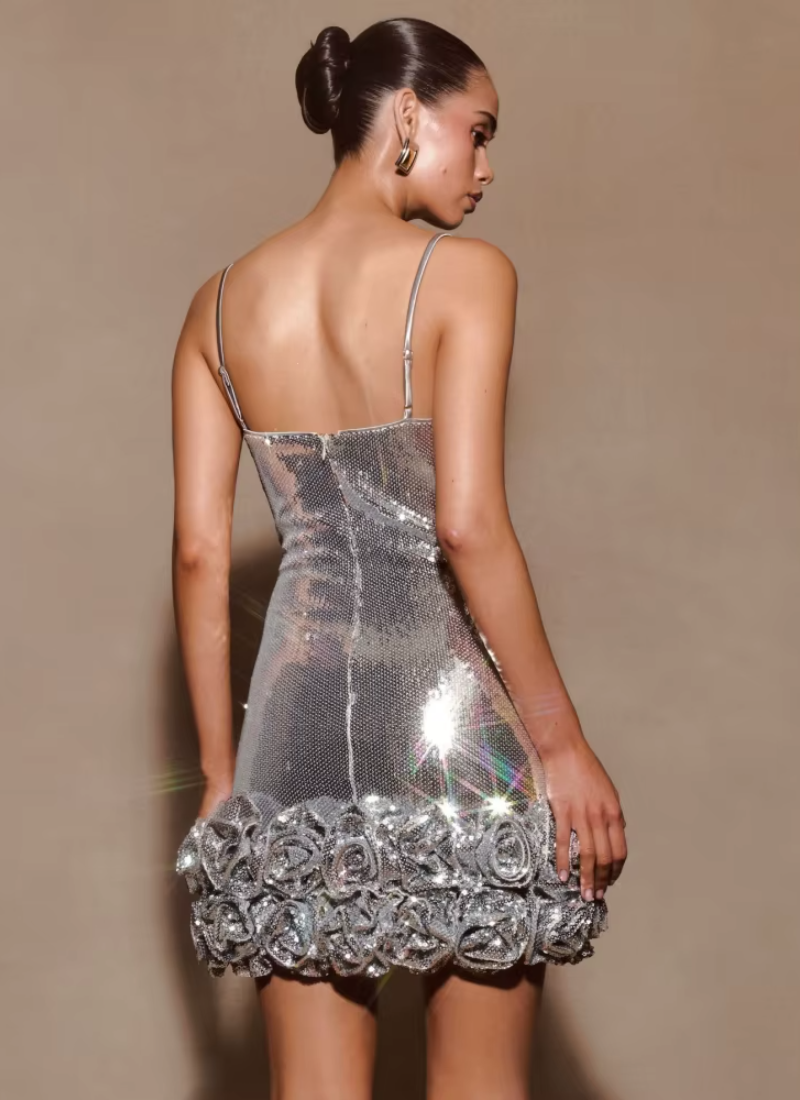Sliver Sparkle Sequins Sleeveless Spaghetti Strap Shiny Sequin Mini Floral Slim Dresses