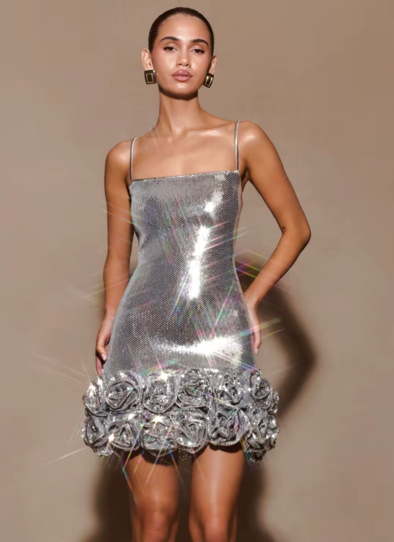 Sliver Sparkle Sequins Sleeveless Spaghetti Strap Shiny Sequin Mini Floral Slim Dresses