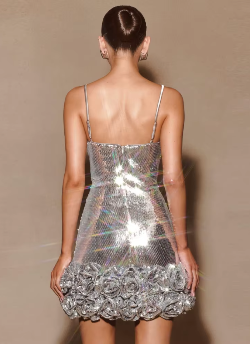 Sliver Sparkle Sequins Sleeveless Spaghetti Strap Shiny Sequin Mini Floral Slim Dresses
