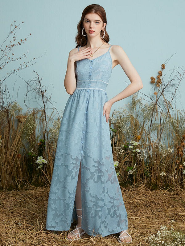 Solid Adjustable Strap Open Back Button Slit Maxi Lace Dress