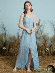 Solid Adjustable Strap Open Back Button Slit Maxi Lace Dress