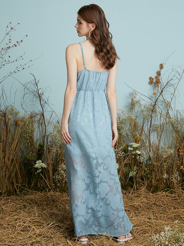 Solid Adjustable Strap Open Back Button Slit Maxi Lace Dress