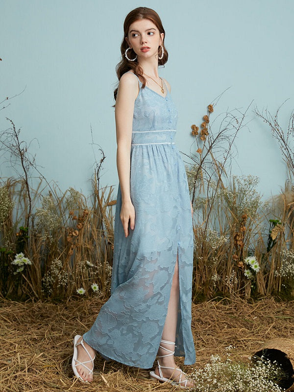 Solid Adjustable Strap Open Back Button Slit Maxi Lace Dress
