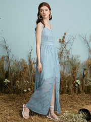 Solid Adjustable Strap Open Back Button Slit Maxi Lace Dress