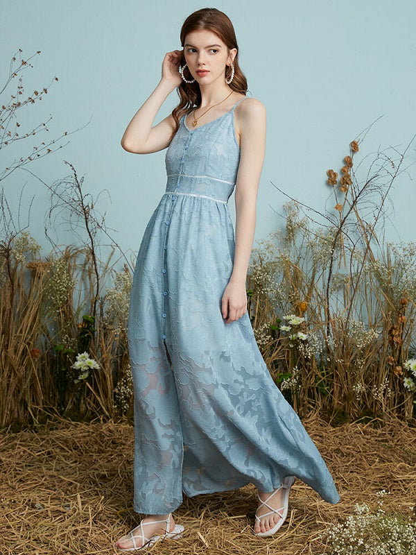 Solid Adjustable Strap Open Back Button Slit Maxi Lace Dress