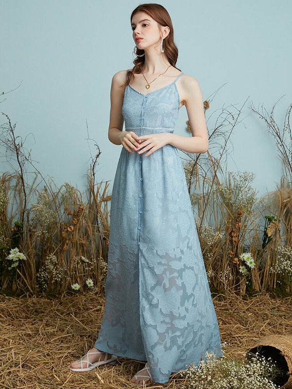 Solid Adjustable Strap Open Back Button Slit Maxi Lace Dress