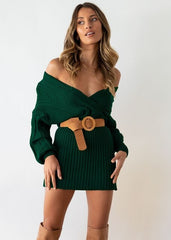 Solid Belt Casual V Neck Sweater Mini Dress