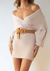 Solid Belt Casual V Neck Sweater Mini Dress