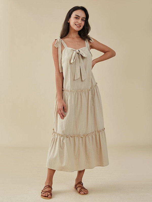 Solid Bow Tie Backless Strap Ruffle Trim Midi Dress