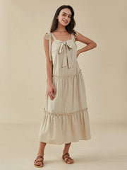 Solid Bow Tie Backless Strap Ruffle Trim Midi Dress
