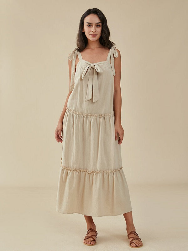 Solid Bow Tie Backless Strap Ruffle Trim Midi Dress