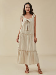 Solid Bow Tie Backless Strap Ruffle Trim Midi Dress