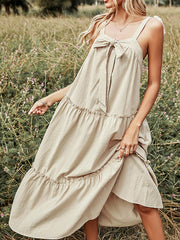 Solid Bow Tie Backless Strap Ruffle Trim Midi Dress