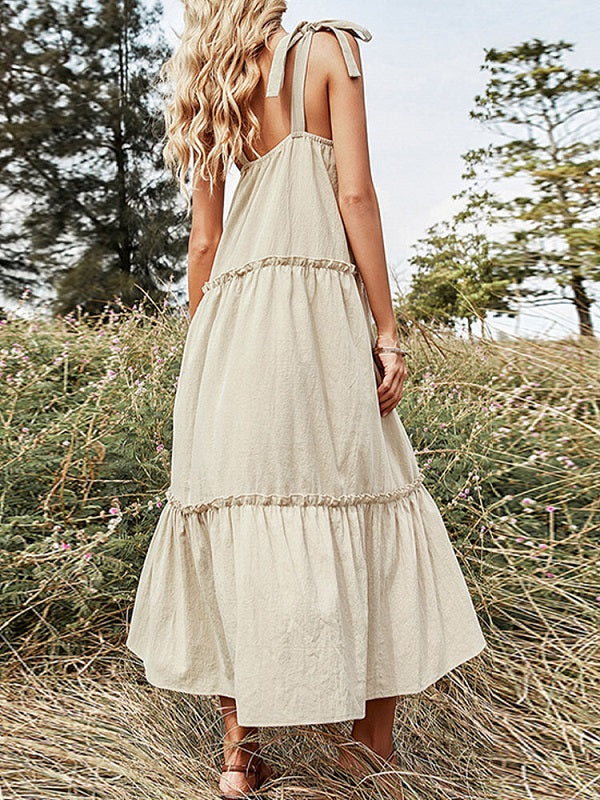 Solid Bow Tie Backless Strap Ruffle Trim Midi Dress