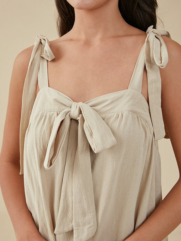 Solid Bow Tie Backless Strap Ruffle Trim Midi Dress