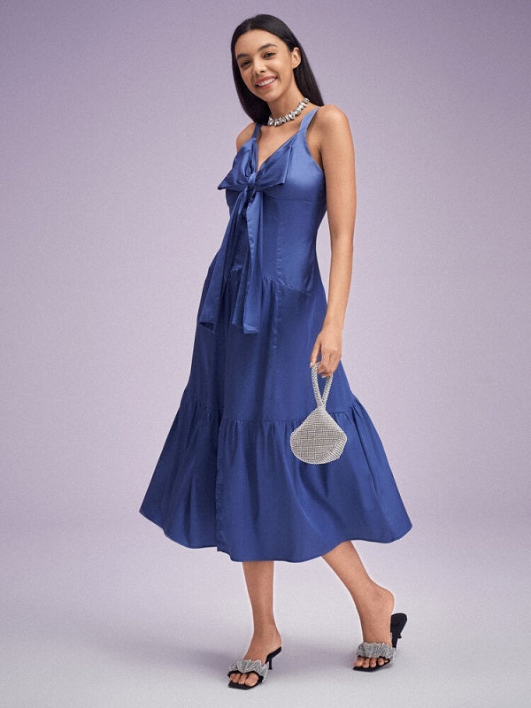 Solid Bowknot Front Open Back Sleeveless Maxi Dress