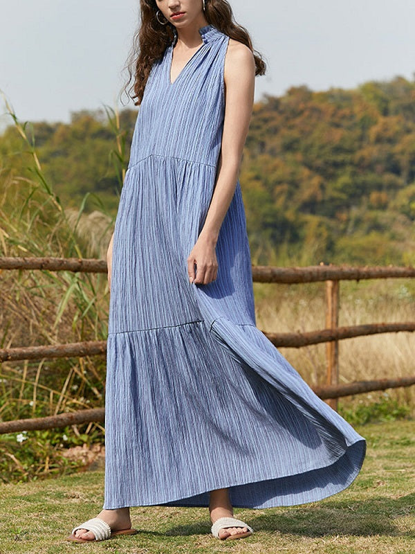 Solid Button Stand Collar Sleeveless Maxi Dress