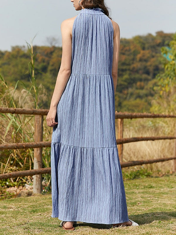 Solid Button Stand Collar Sleeveless Maxi Dress