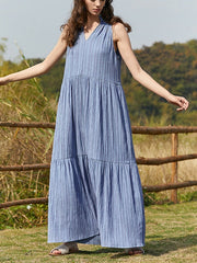 Solid Button Stand Collar Sleeveless Maxi Dress