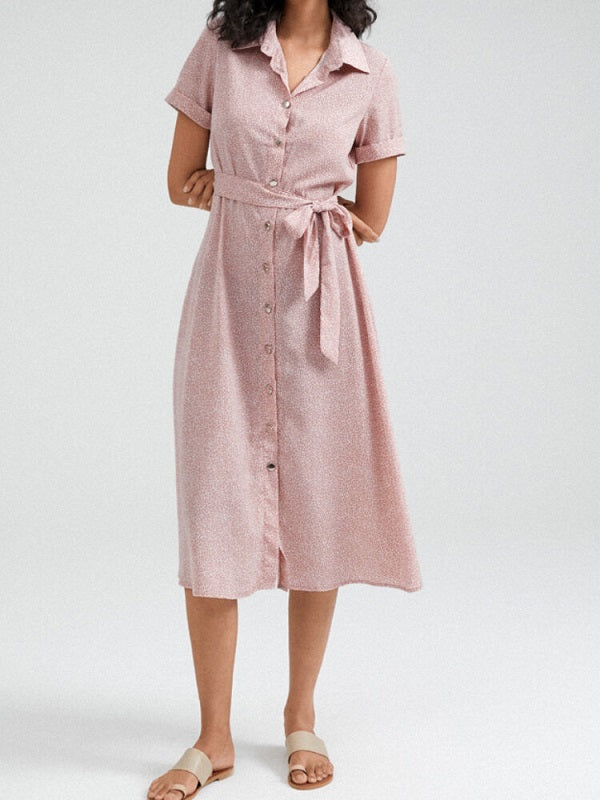 Solid Color Button Belt Short Sleeve Casual Dress