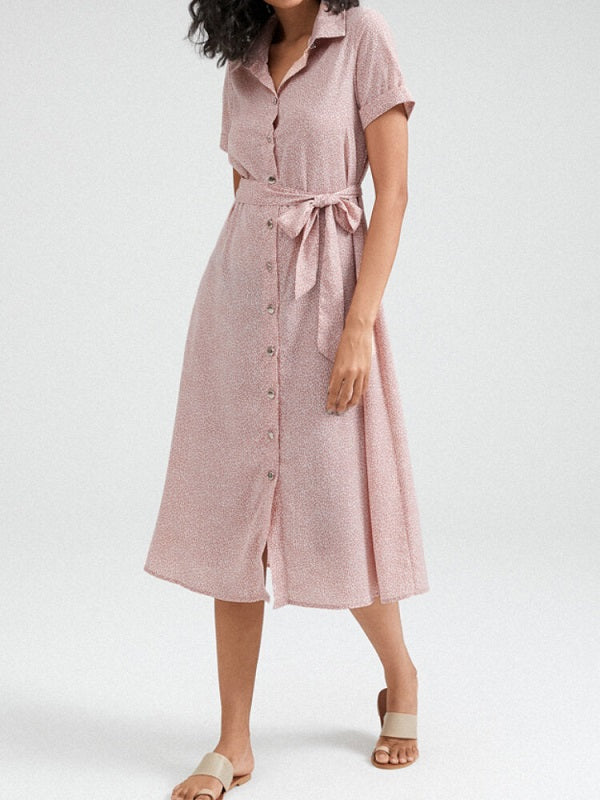 Solid Color Button Belt Short Sleeve Casual Dress
