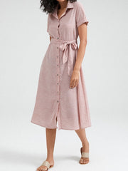 Solid Color Button Belt Short Sleeve Casual Dress