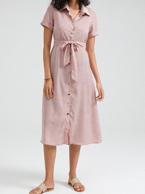 Solid Color Button Belt Short Sleeve Casual Dress
