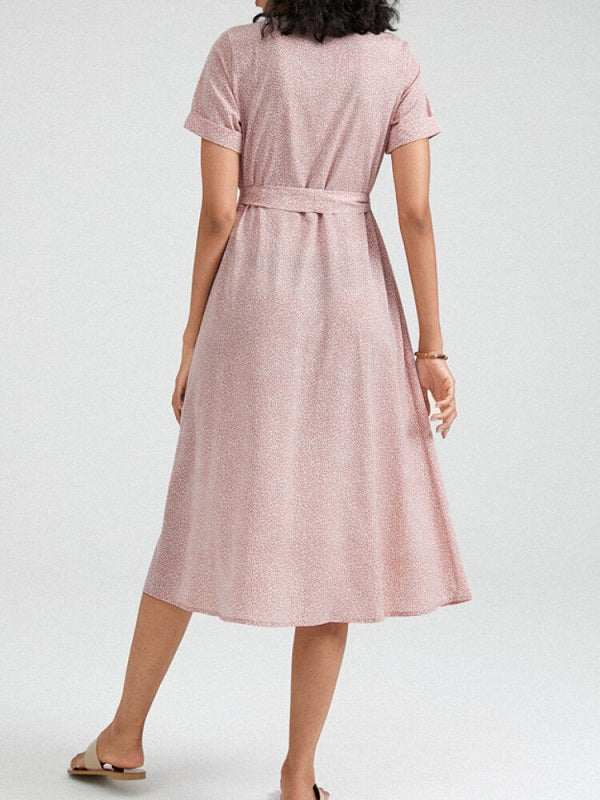 Solid Color Button Belt Short Sleeve Casual Dress