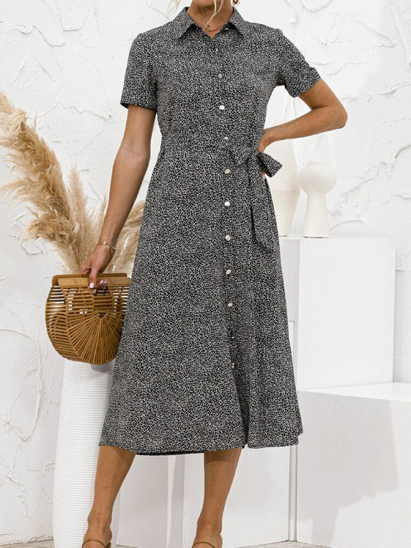 Solid Color Button Belt Short Sleeve Casual Dress