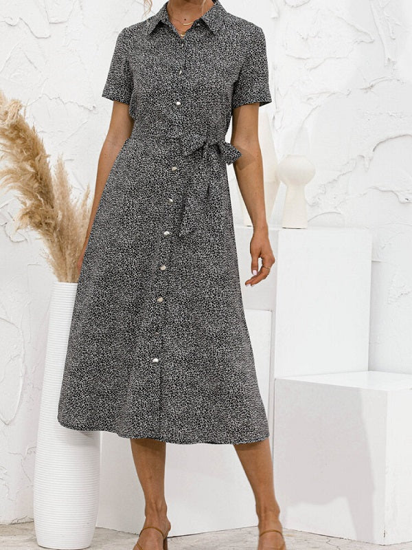 Solid Color Button Belt Short Sleeve Casual Dress
