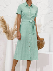 Solid Color Button Belt Short Sleeve Casual Dress