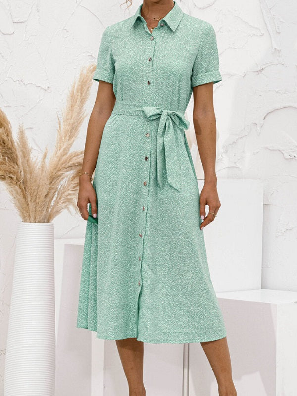 Solid Color Button Belt Short Sleeve Casual Dress