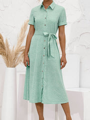 Solid Color Button Belt Short Sleeve Casual Dress