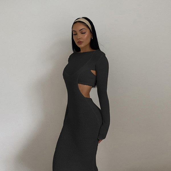 Solid Color Camisole And Long Sleeve Dress Two Piece Set