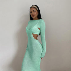 Solid Color Camisole And Long Sleeve Dress Two Piece Set