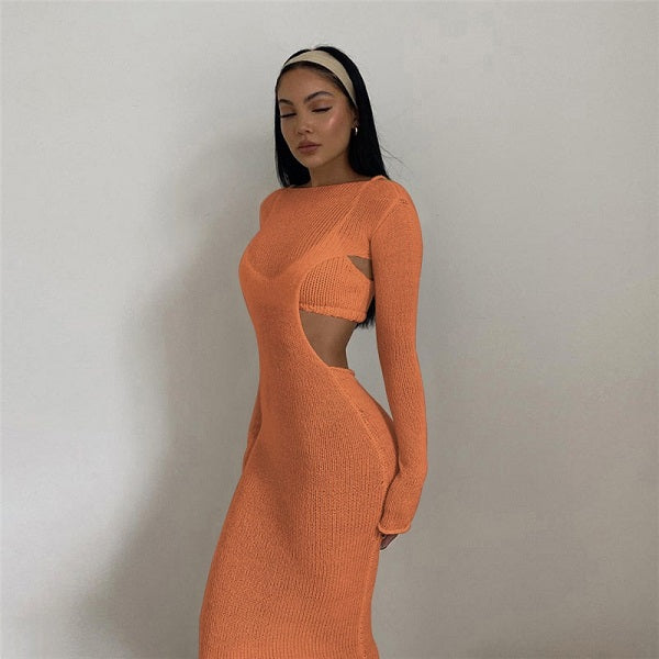 Solid Color Camisole And Long Sleeve Dress Two Piece Set