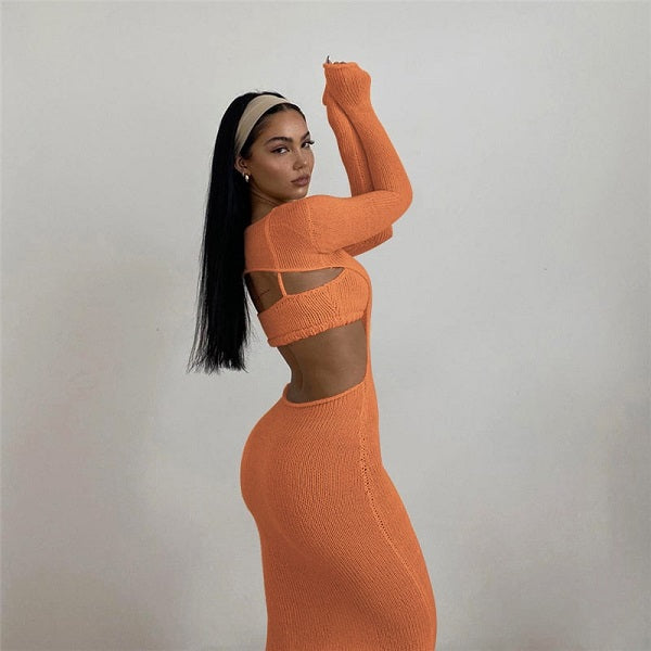 Solid Color Camisole And Long Sleeve Dress Two Piece Set