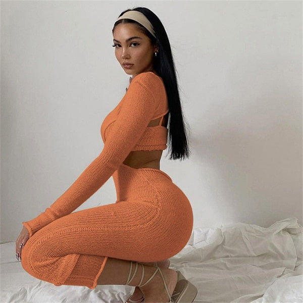 Solid Color Camisole And Long Sleeve Dress Two Piece Set