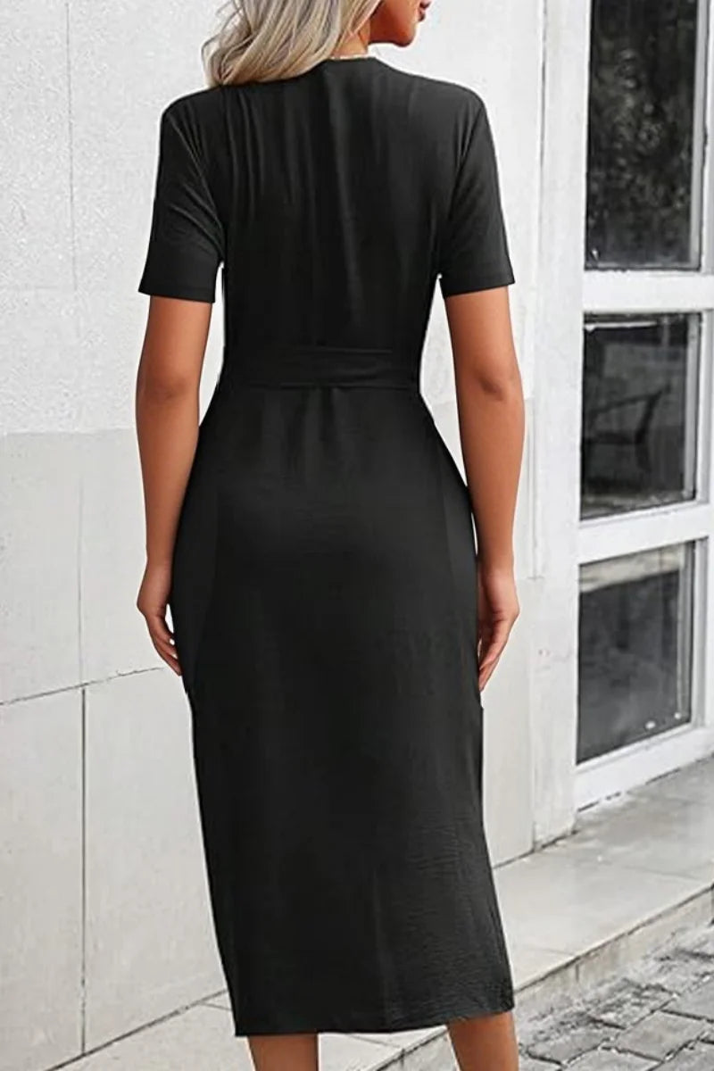 Solid Color Collar Waist Belted Short Sleeve Party Midi Dress