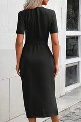 Solid Color Collar Waist Belted Short Sleeve Party Midi Dress
