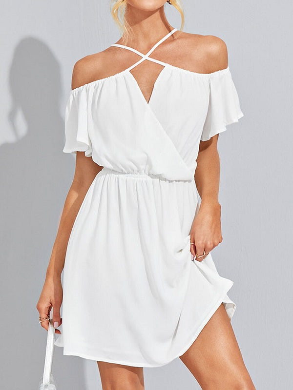 Solid Color Halter Backless Waistband Knotted Dress