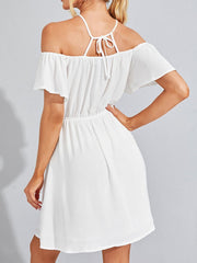 Solid Color Halter Backless Waistband Knotted Dress
