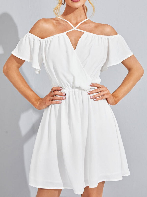 Solid Color Halter Backless Waistband Knotted Dress