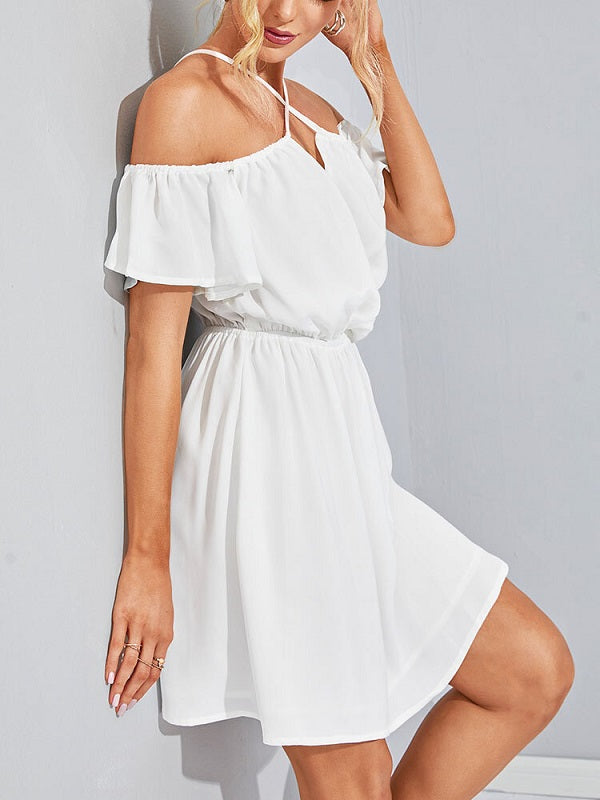 Solid Color Halter Backless Waistband Knotted Dress