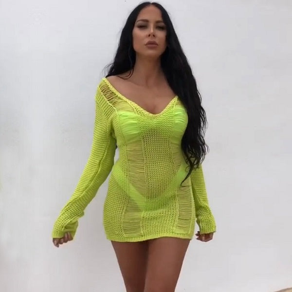 Solid Color Hollow Mini Knit Dress