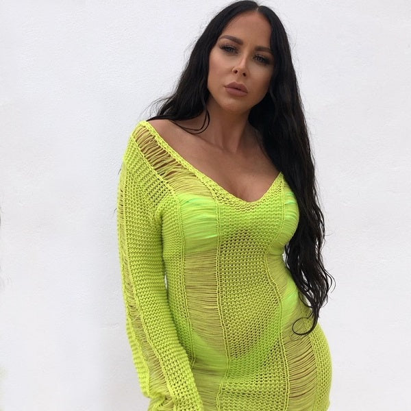 Solid Color Hollow Mini Knit Dress