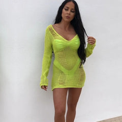 Solid Color Hollow Mini Knit Dress
