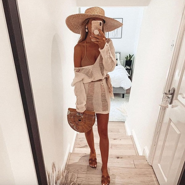 Solid Color Hollow Mini Knit Dress